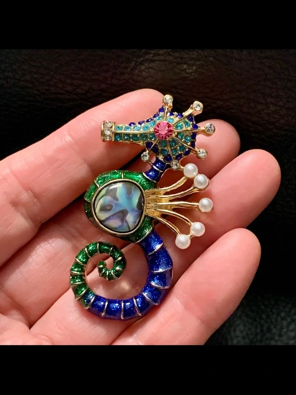 Green and Blue Seahorse Brooch with Abalone Center and Pearls